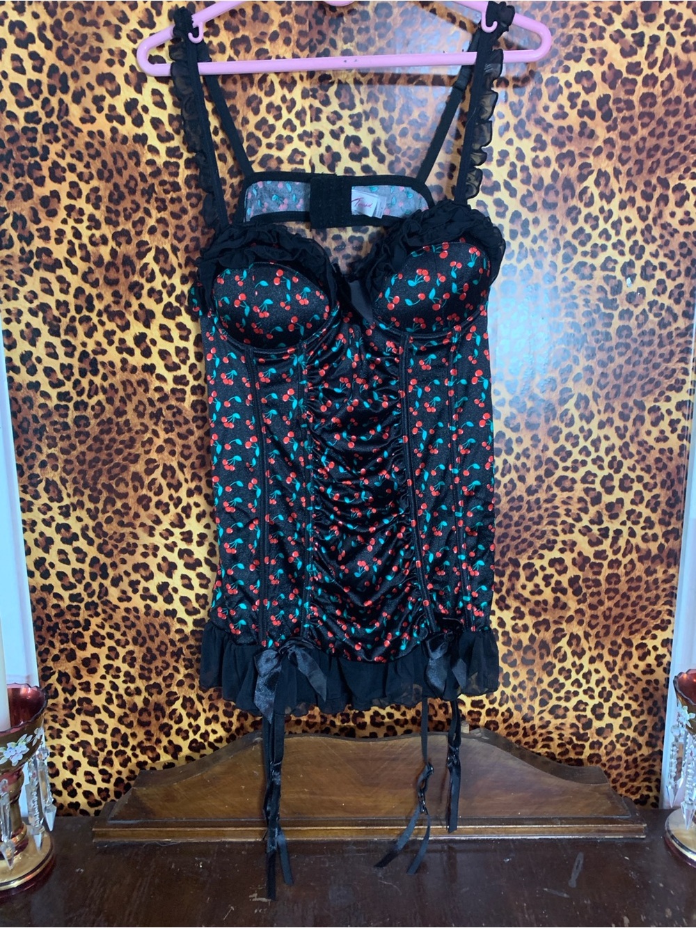 torrid Black Bustier with Red Cherry Print and Ruffled Trim